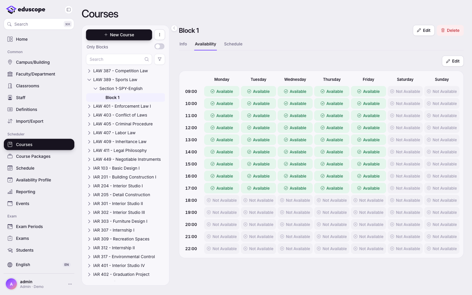 Scheduler availability tab for a course block, showing a weekly grid of available and not available time slots.